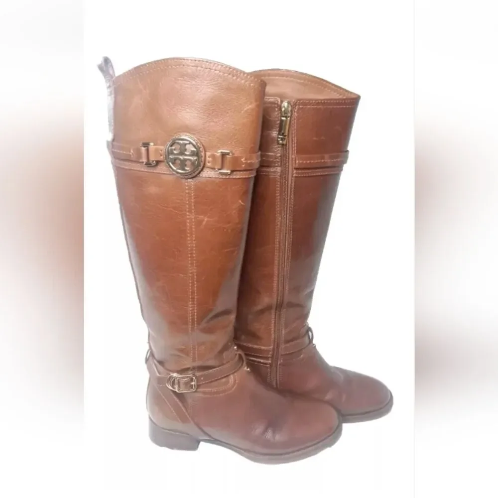 Tory Burch Calista Riding Boot Size 5.5 Cognac Brown Leather Retail $495
